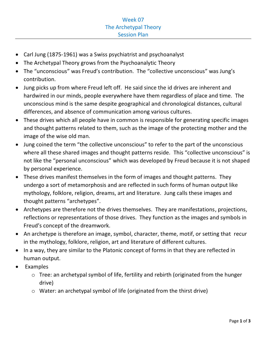 Week 07 the Archetypal Theory Session Plan • Carl Jung (1875