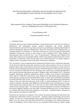 Beating Backsliding? Episodes and Outcomes of Democratic Backsliding in Asia-Pacific in the Period 1950 to 2018