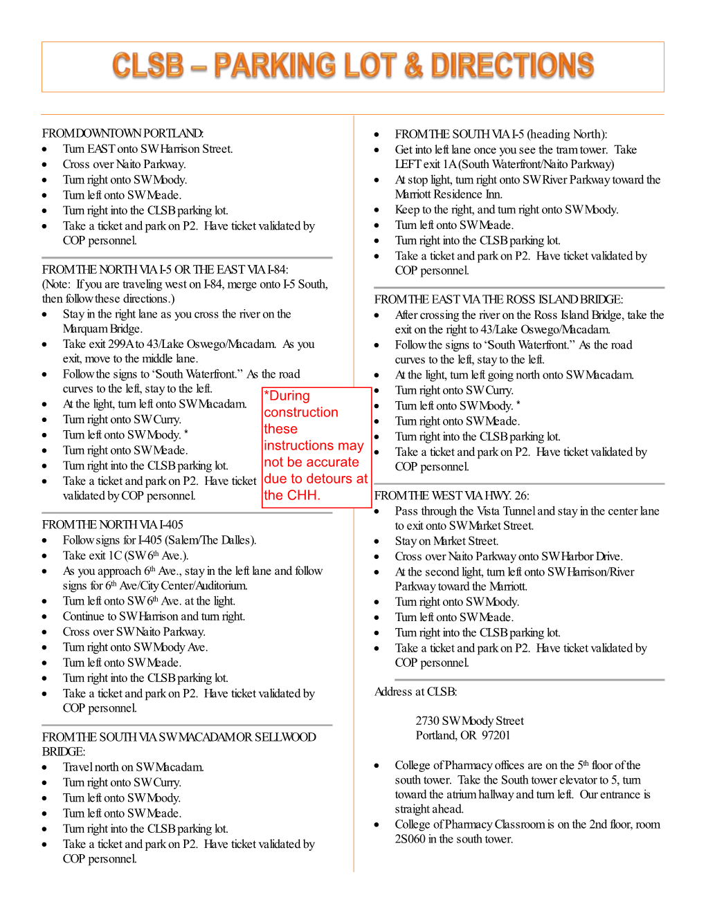 CLSB Parking & Driving Directions