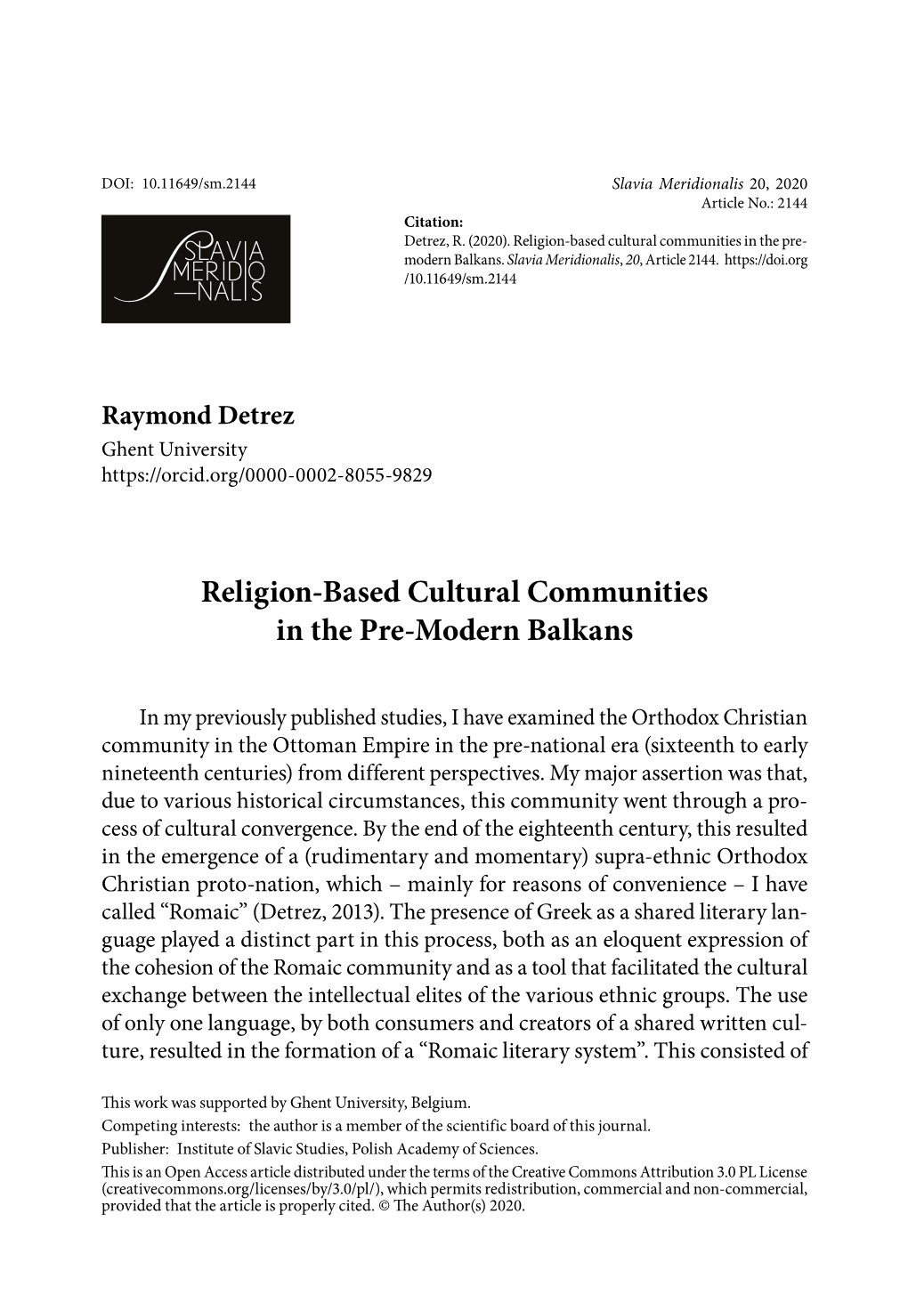 Religion-Based Cultural Communities in the Pre-Modern Balkans