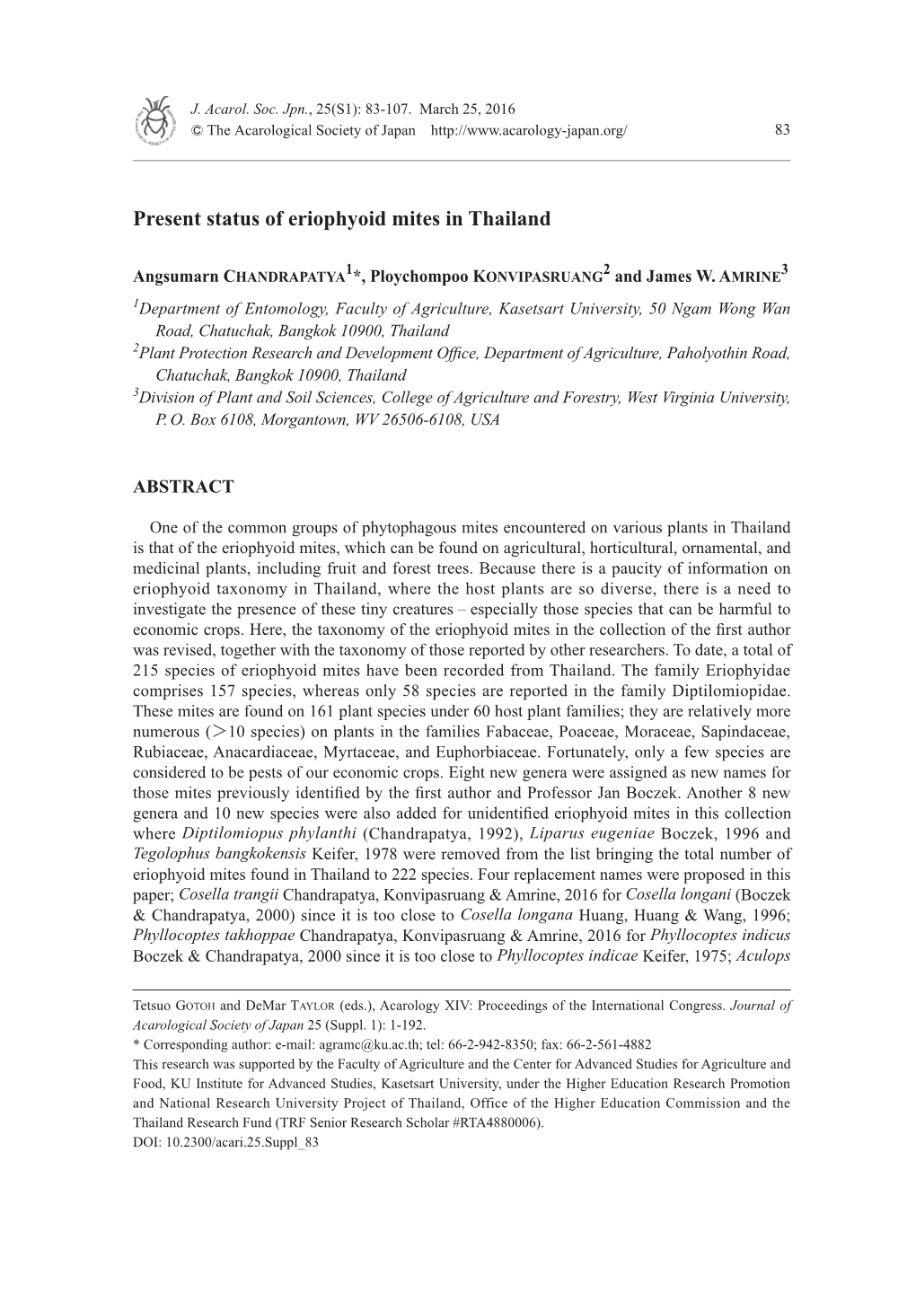 Present Status of Eriophyoid Mites in Thailand