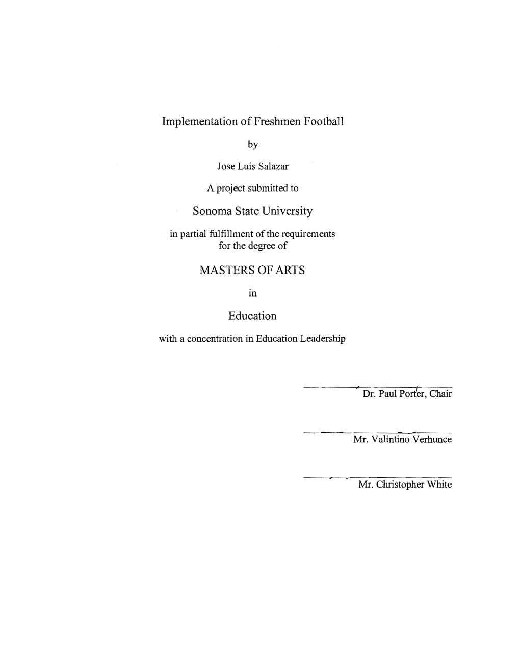 Implementation of Freshmen Football Sonoma State University MASTERS