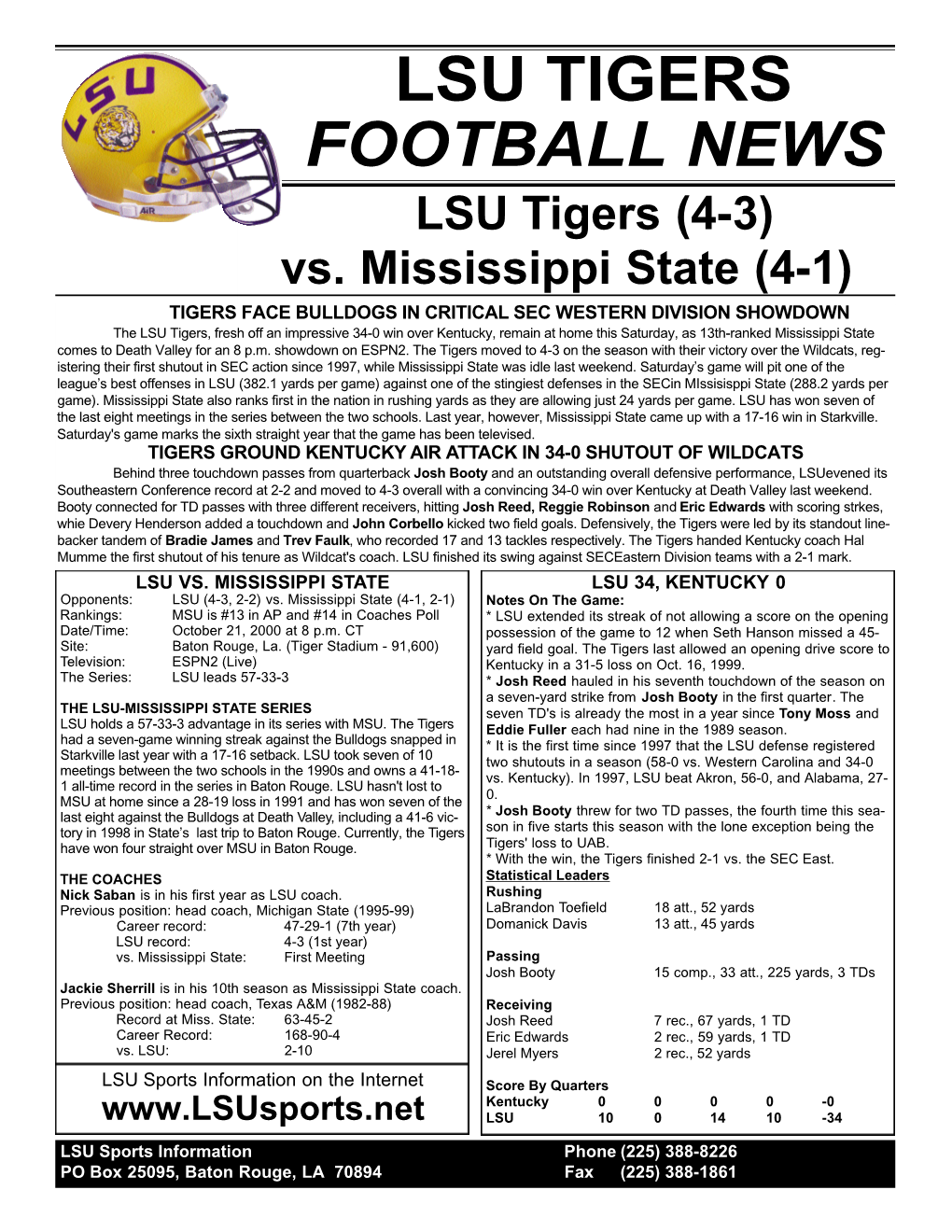 LSU TIGERS FOOTBALL NEWS LSU Tigers (4-3) Vs