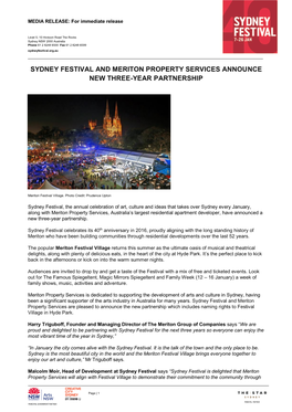 Sydney Festival and Meriton Property Services Announce New Three-Year Partnership