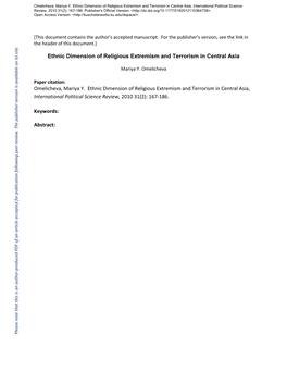 Ethnic Dimension of Religious Extremism and Terrorism in Central Asia Central in Terrorism Extremism and of Religious Dimension Ethnic 2010