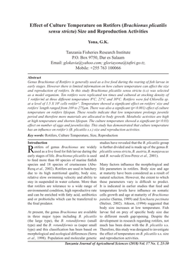 Effect of Culture Temperature on Rotifers (Brachionus Plicatilis Sensu Strictu) Size and Reproduction Activities