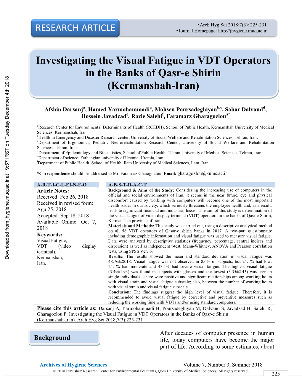 Investigating the Visual Fatigue in VDT Operators in the Banks of Qasr-E Shirin (Kermanshah-Iran)