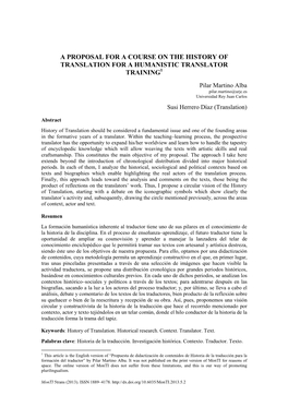 Propuesta De Didactización De Contenidos De Historia De La Traducción Para La Formación Del Traductor” by Pilar Martino Alba