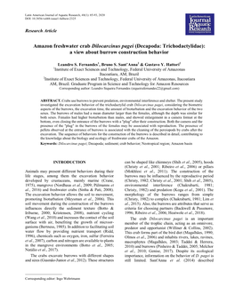 Amazon Freshwater Crab Dilocarcinus Pagei (Decapoda: Trichodactylidae): a View About Burrow Construction Behavior