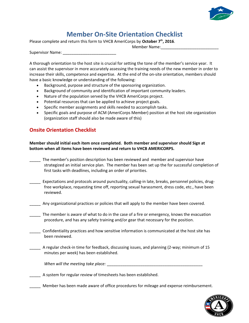 Member On-Site Orientation Checklist