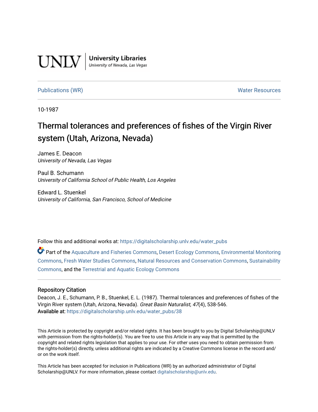 Thermal Tolerances and Preferences of Fishes of the Virgin River System (Utah, Arizona, Nevada)