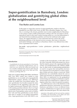 Tim Butler and Loretta Lees, “Super-Gentrification in Barnsbury, London: Globalization and Gentrifying Global Elites At