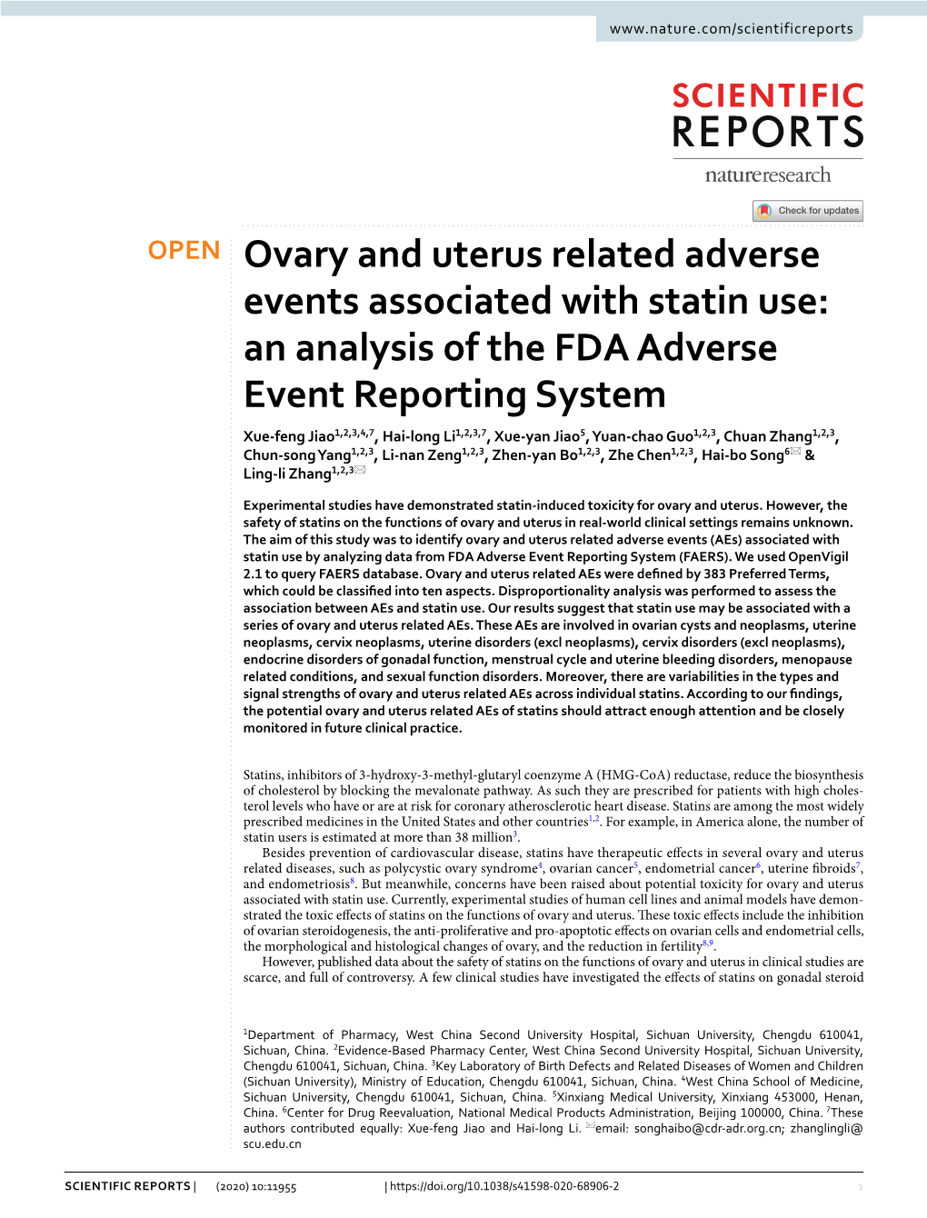 Ovary and Uterus Related Adverse Events Associated with Statin