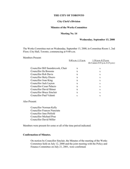 THE CITY of TORONTO City Clerk's Division Minutes of the Works