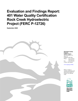401 Water Quality Certification Rock Creek Hydroelectric Project (FERC P-12726)