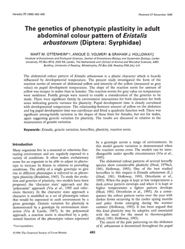 The Genetics of Phenotypic Plasticity in Adult Abdominal Colour Pattern of Eristalls Arbustorum (Diptera: Syrphidae)