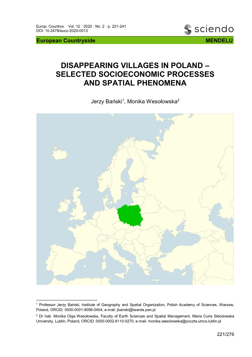 Disappearing Villages in Poland – Selected Socioeconomic Processes and Spatial Phenomena
