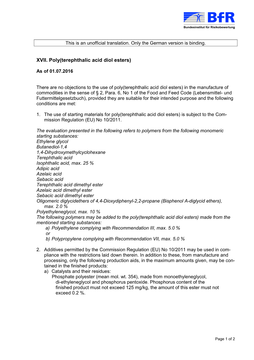 XVII. Poly(Terephthalic Acid Diol Esters)