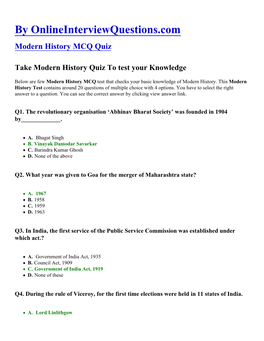 Modern History MCQ Quiz