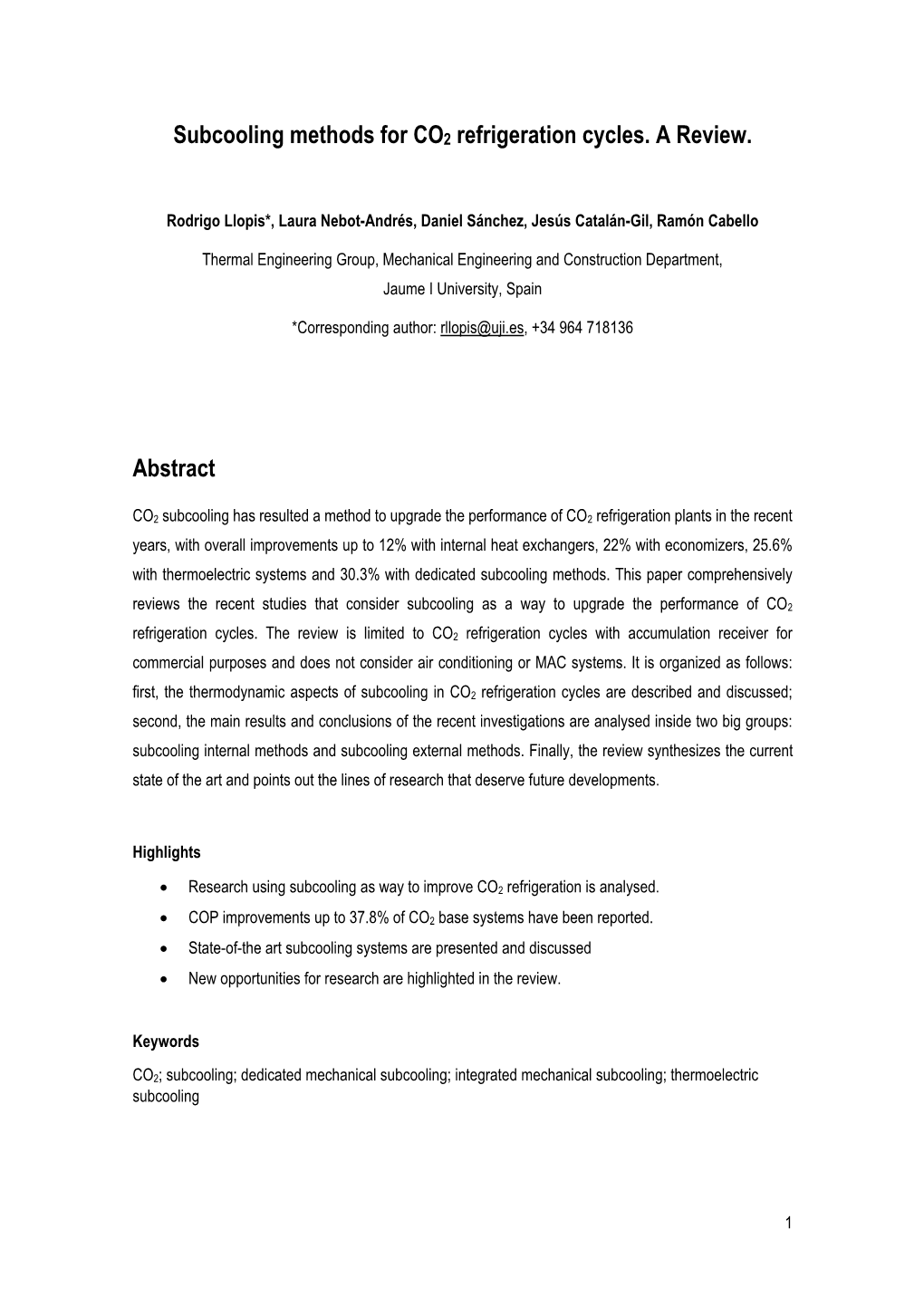 Subcooling Methods for CO2 Refrigeration Cycles. a Review. Abstract