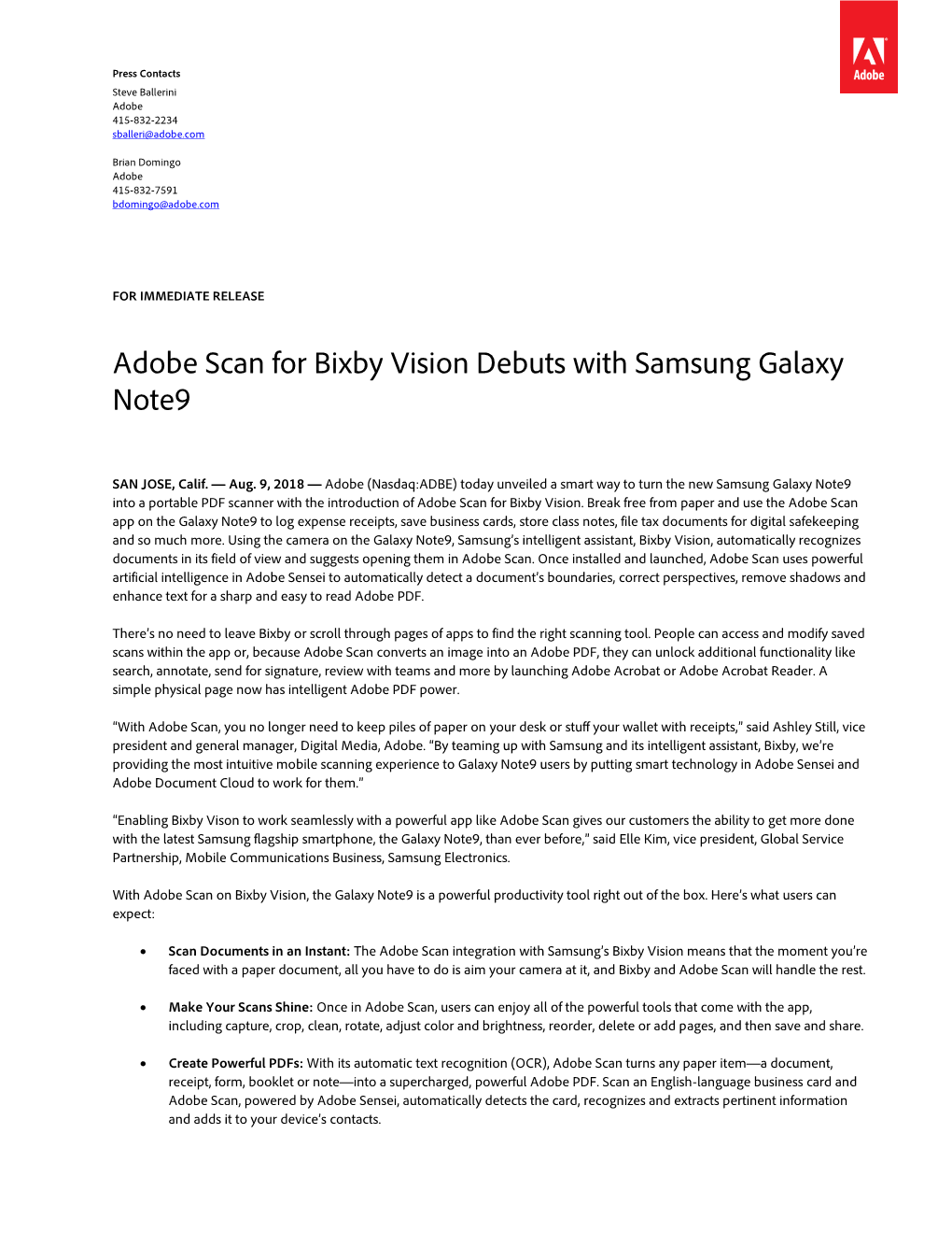 Adobe Scan for Bixby Vision Debuts with Samsung Galaxy Note9