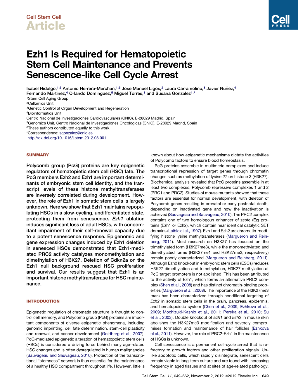 Ezh1 Is Required for Hematopoietic Stem Cell Maintenance and Prevents Senescence-Like Cell Cycle Arrest