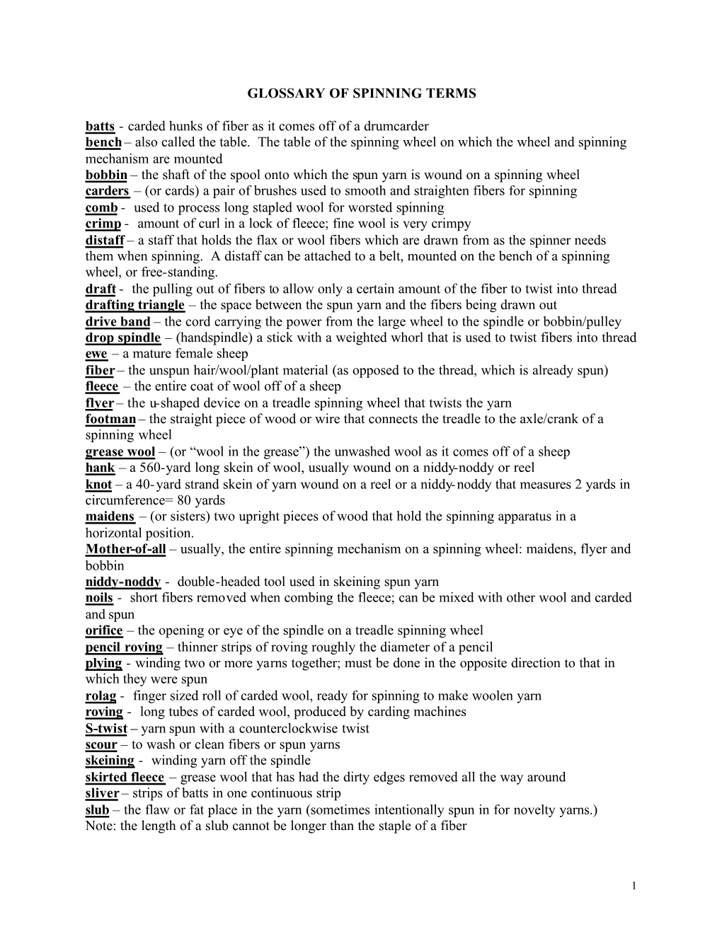 GLOSSARY of SPINNING TERMS Batts - Carded Hunks of Fiber As It Comes Off of a Drumcarder Bench – Also Called the Table