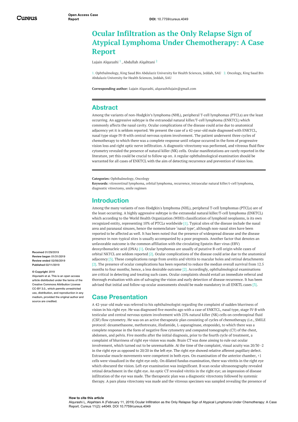 Ocular Infiltration As the Only Relapse Sign of Atypical Lymphoma Under Chemotherapy: a Case Report