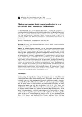 Mating Systems and Limits to Seed Production in Two Dicerandra Mints Endemic to Florida Scrub