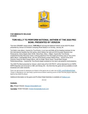 Tori Kelly to Perform National Anthem at the 2020 Pro Bowl Presented by Verizon