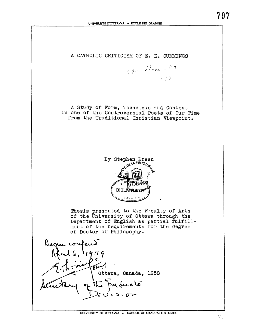 A CATHOLIC CRITICISM of E. E. CUMMINGS a Study of Form