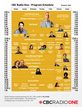 CBC Radio One - Program Schedule Summer 2020