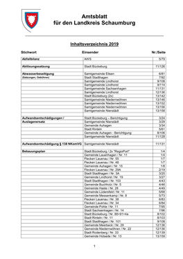 Inhaltsverzeichnis Amtsblatt 2019