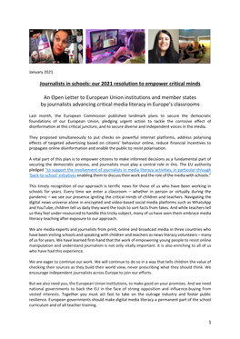 Open Letter to European Union Institutions and Member States by Journalists Advancing Critical Media Literacy in Europe’S Classrooms