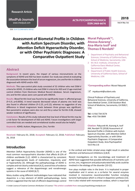 Assessment of Biometal Profile in Children with Autism Spectrum Disorder, with Attention Deficit Hyperactivity Disorder, Or With