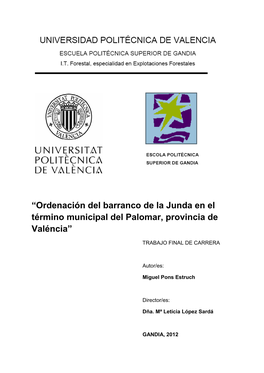 Ordenación Del Barranco De La Junda En El Término Municipal Del Palomar, Provincia De Valéncia”