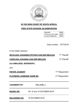In the High Court of South Africa, Free State Division