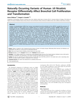 Naturally Occurring Variants of Human A9 Nicotinic Receptor Differentially Affect Bronchial Cell Proliferation and Transformation