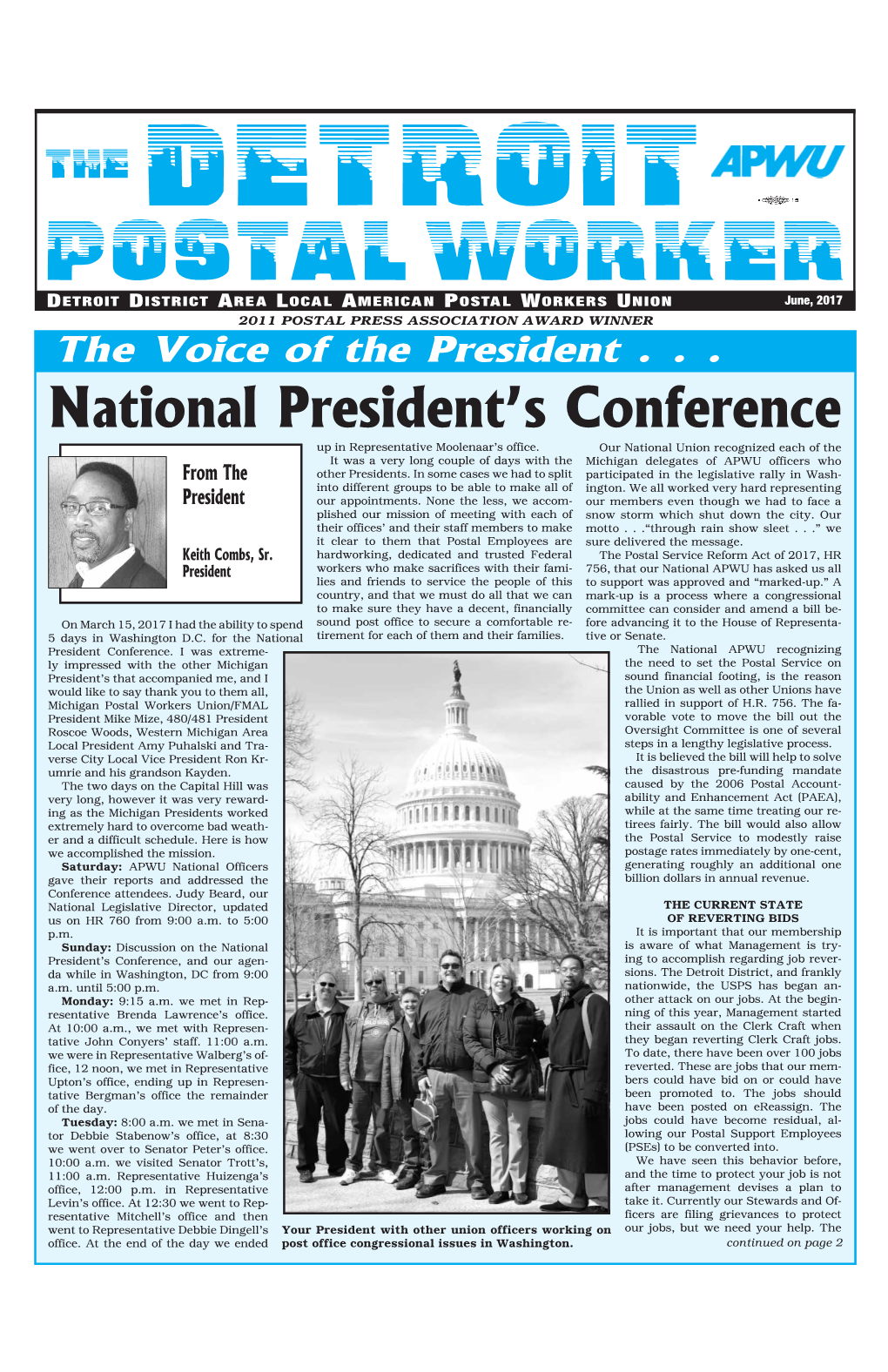 POSTAL WORKER Detroit District Area Local American Postal Workers Union June, 2017 2011 POSTAL PRESS ASSOCIATION AWARD WINNER the Voice of the President