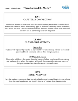 EAT CAFETERIA CONNECTION LEARN CLASSROOM ACTIVITY Objective 10 Minute Lesson LIVE HOME ACTIVITY
