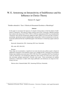 W. E. Armstrong on Intransitivity of Indifference and His Influence In