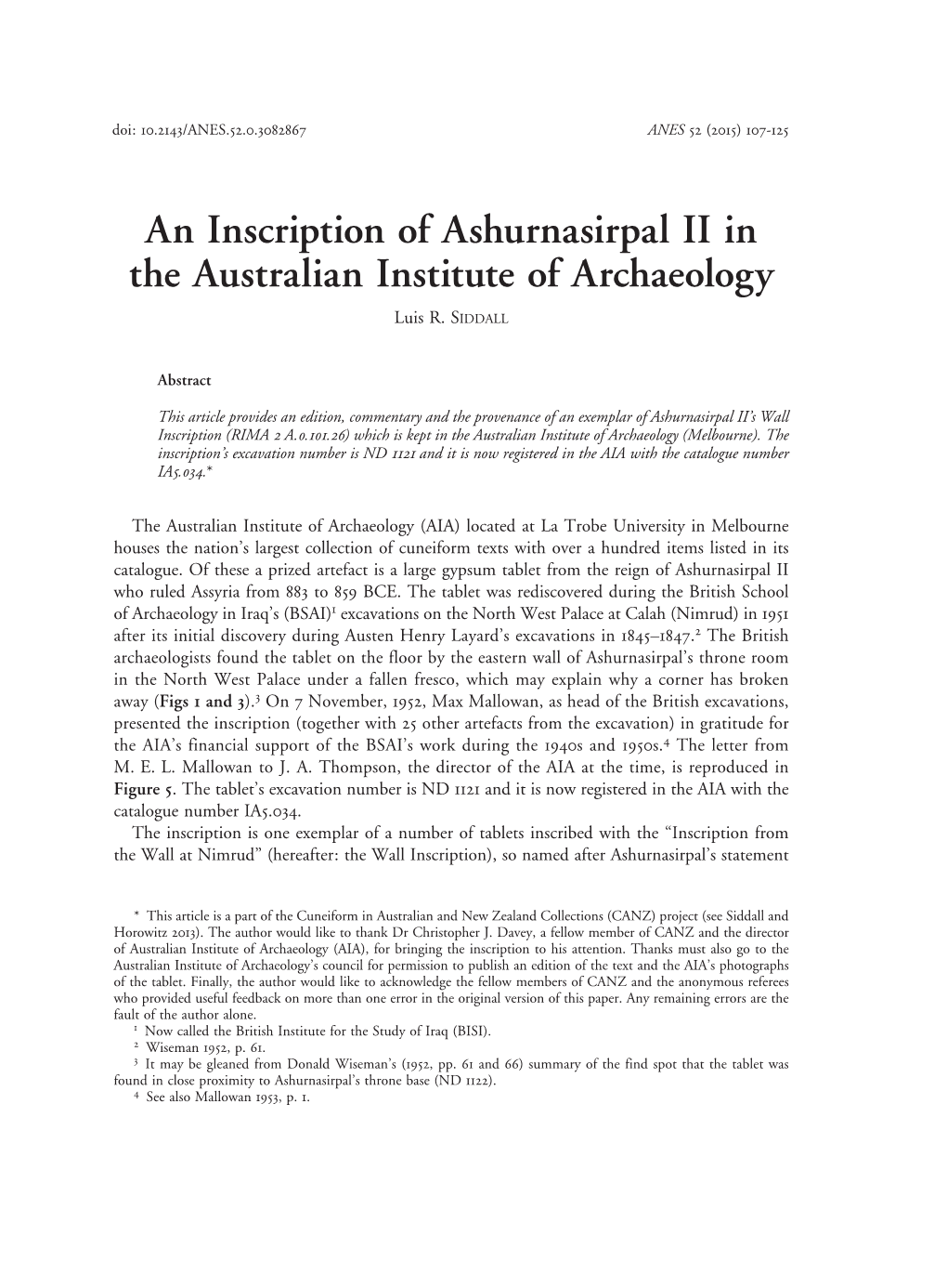 An Inscription of Ashurnasirpal II in the Australian Institute of Archaeology