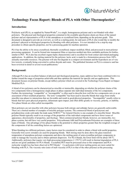 Technology Focus Report: Blends of PLA with Other Thermoplastics*