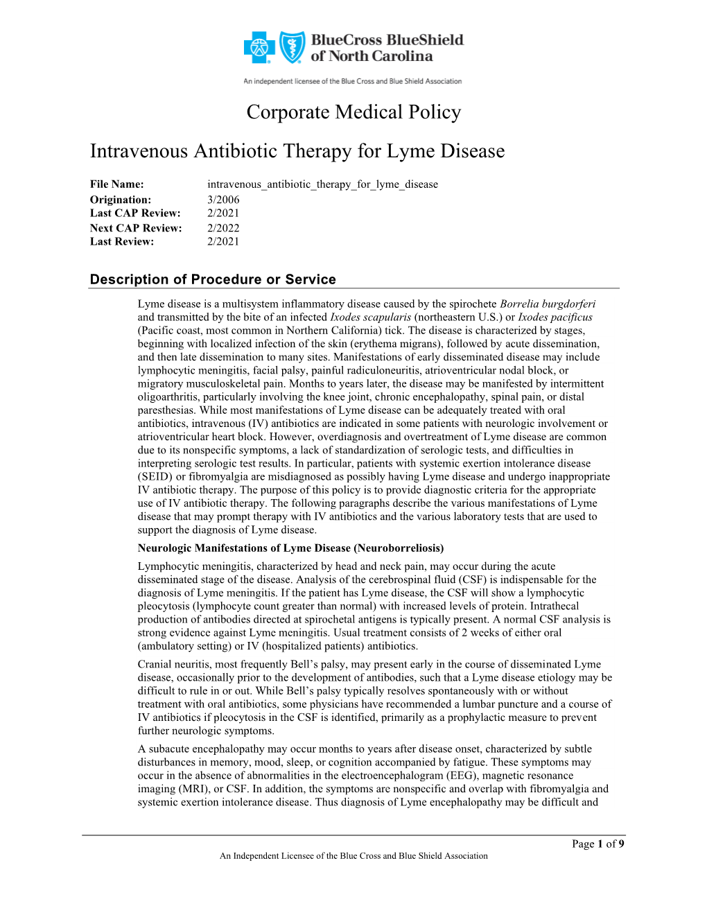 Intravenous Antibiotic Therapy for Lyme Disease