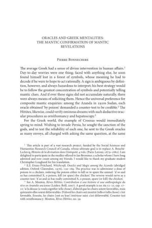 Oracles and Greek Mentalities: the Mantic Confirmation of Mantic Revelations