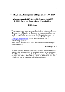 Ted Hughes: a Bibliographical Supplement 1996-2013
