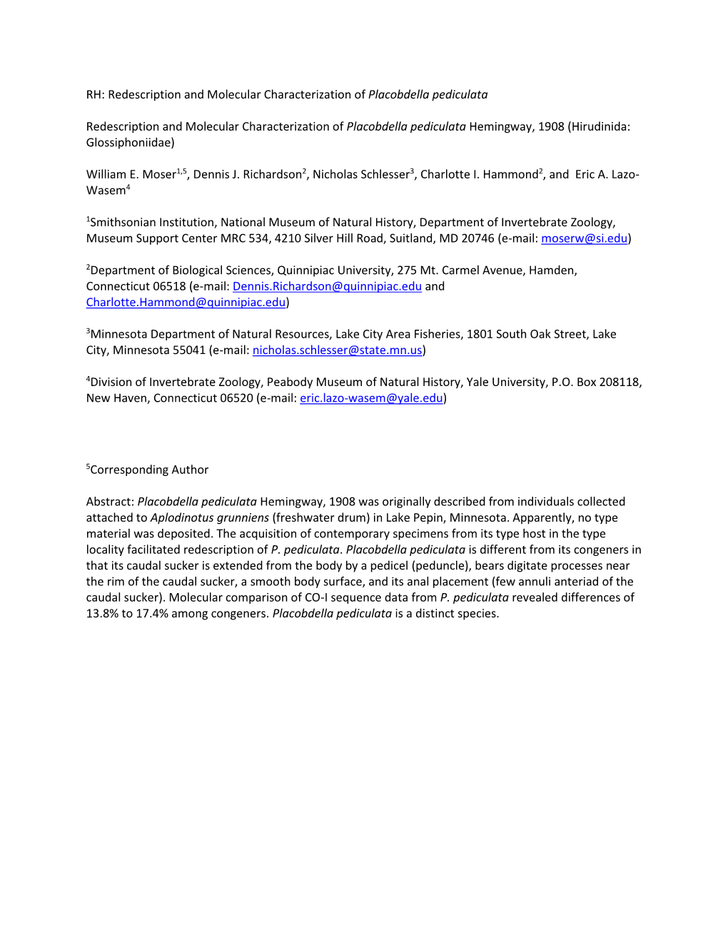 RH: Redescription and Molecular Characterization of Placobdella Pediculata