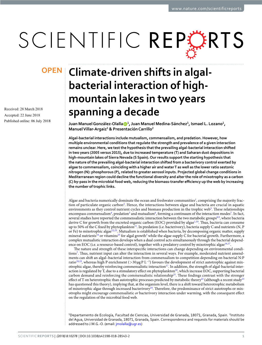 Climate-Driven Shifts in Algal-Bacterial Interaction of High-Mountain Lakes in Two Years Spanning a Decade