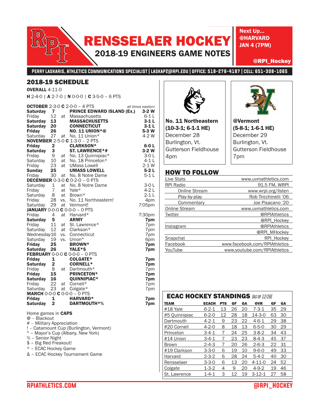 RENSSELAER HOCKEY JAN 4 (7PM) 2018-19 ENGINEERS GAME NOTES @RPI Hockey