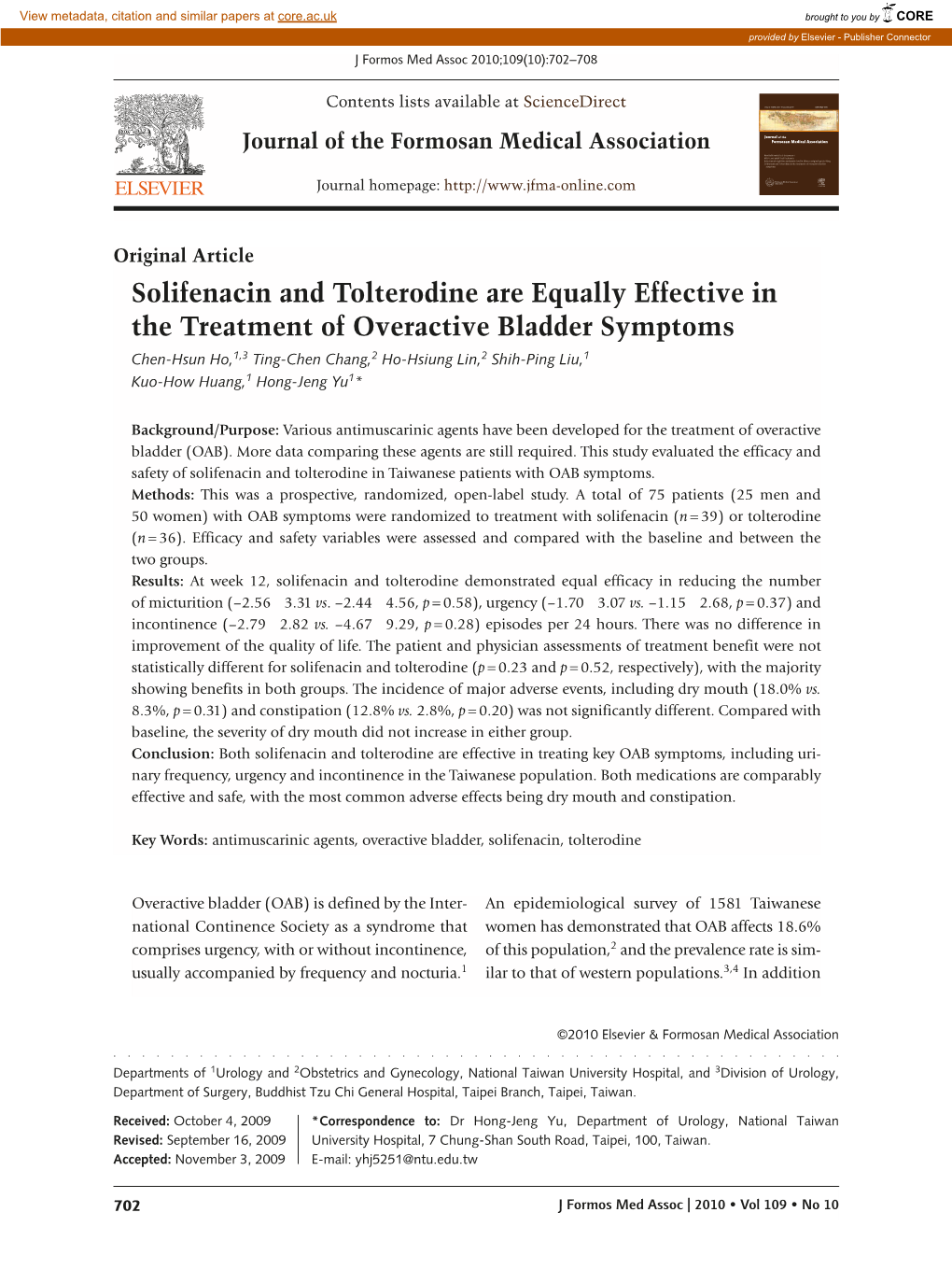 Solifenacin and Tolterodine Are Equally Effective in the Treatment of Overactive Bladder Symptoms